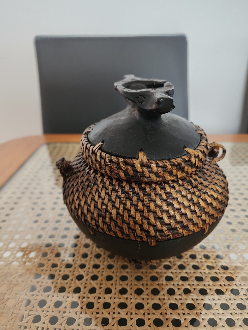 Vintage Handwoven Basket Indonesian Figural Wood Carving Bulls Wicker Art MINT
